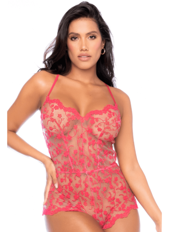 Combishort en dentelle transparente couleur cerise - MAL7543CHRY